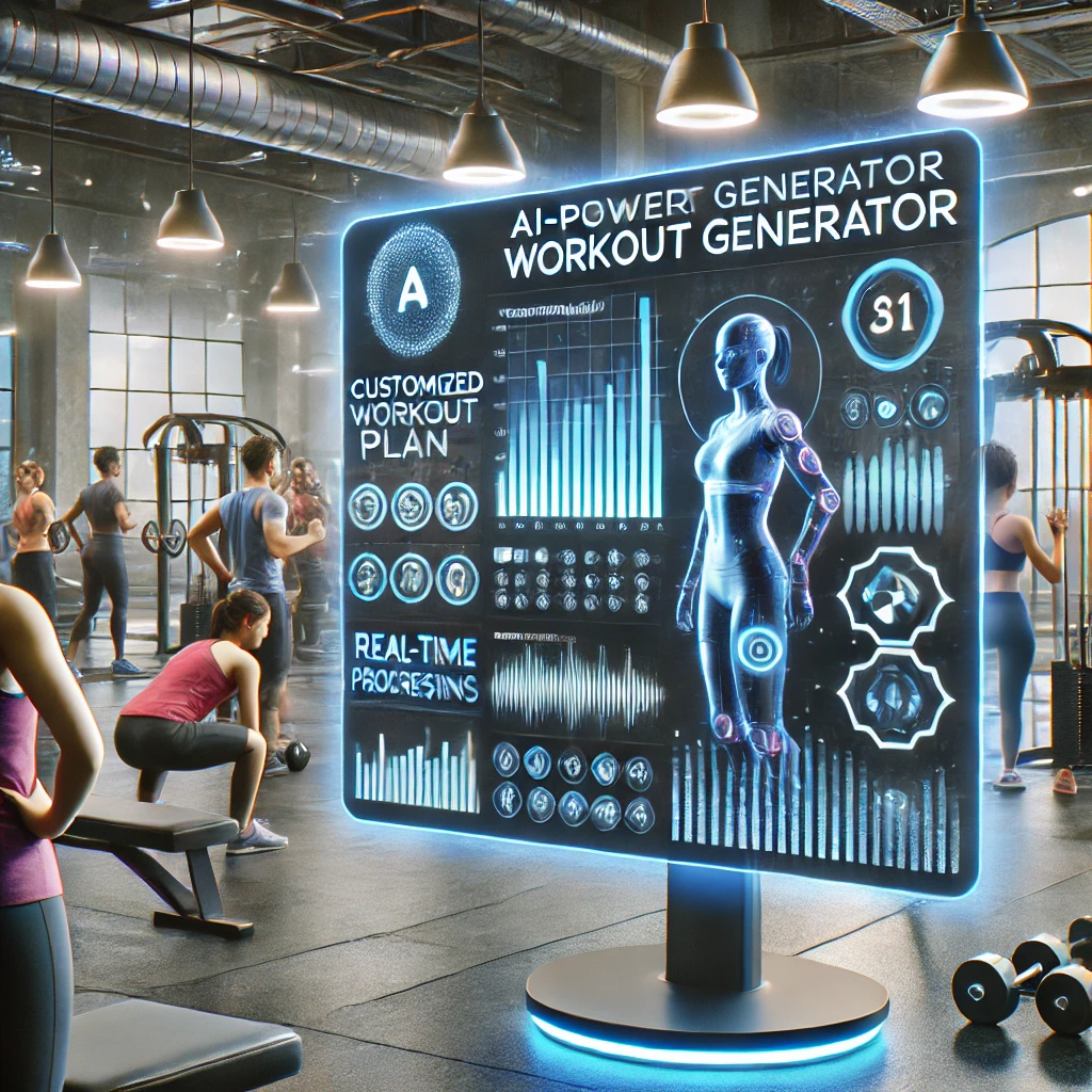 Try our AI-powered workout generator for personalized fitness plans! AI-powered workout generator illustration with a smart fitness assistant and personalized exercise plan.