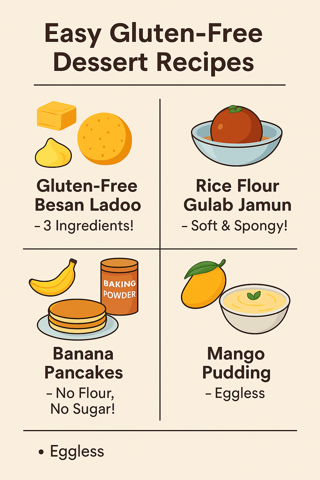 A visually appealing infographic showcasing easy gluten-free dessert recipes, including cakes, cookies, and healthy sweet treats.