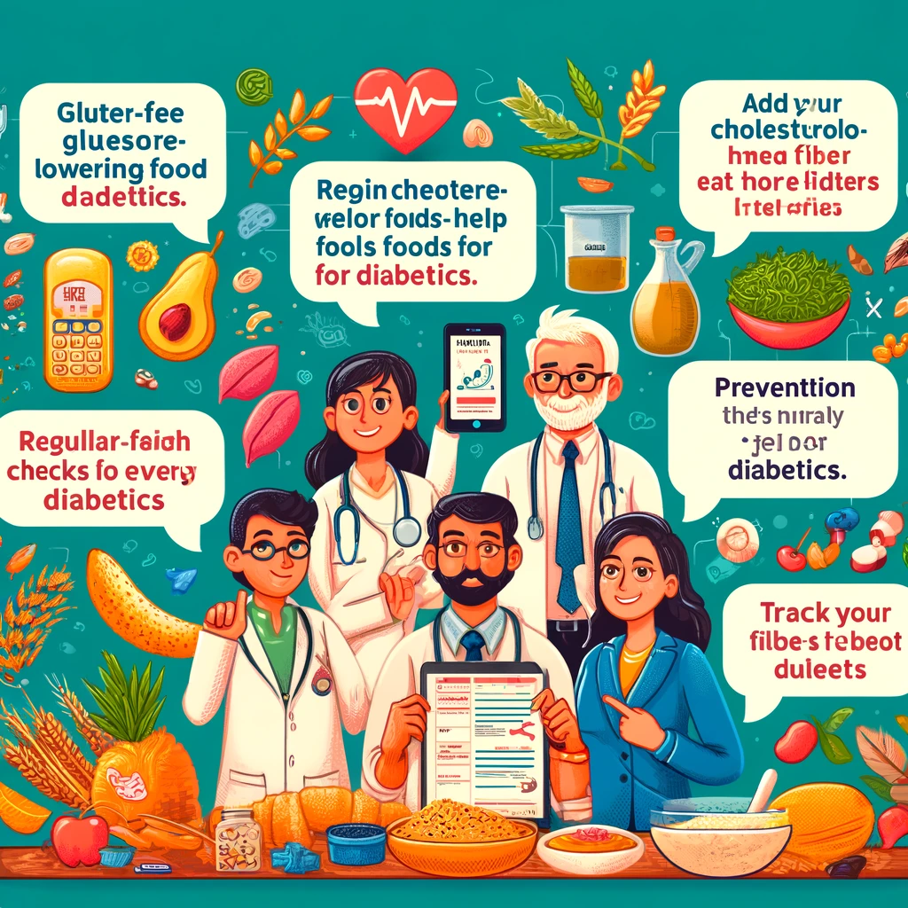 10 Best Gluten-Free Foods to Lower Cholesterol Safely for Diabetics 2 Colorful infographic showing expert tips from dietitian, cardiologist, nutritionist, and app developer about gluten-free cholesterol-lowering foods for diabetics. Includes illustrations of oats, quinoa, chia seeds, olive oil, and millets.