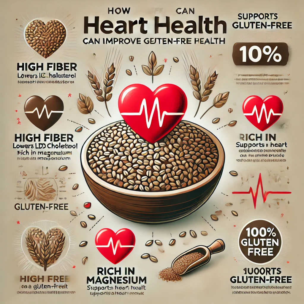 Infographic showing Teff grains with heart symbols, highlighting benefits like high fiber, rich magnesium, gluten-free, lowers cholesterol, and supports heart health — visual representation of how Teff can improve heart health on a gluten-free diet.