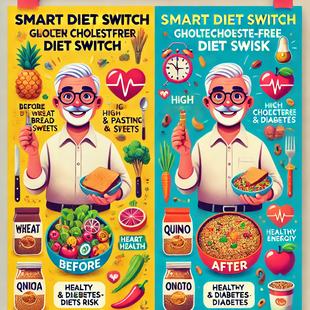 Jump to Rajesh Uncle's journey of reversing diabetes and cholesterol Rajesh Uncle's Journey - How to Defeat Diabetes and Cholesterol - Illustration of Rajesh Uncle switching to gluten-free cholesterol lowering foods for diabetics with before and after health impact.