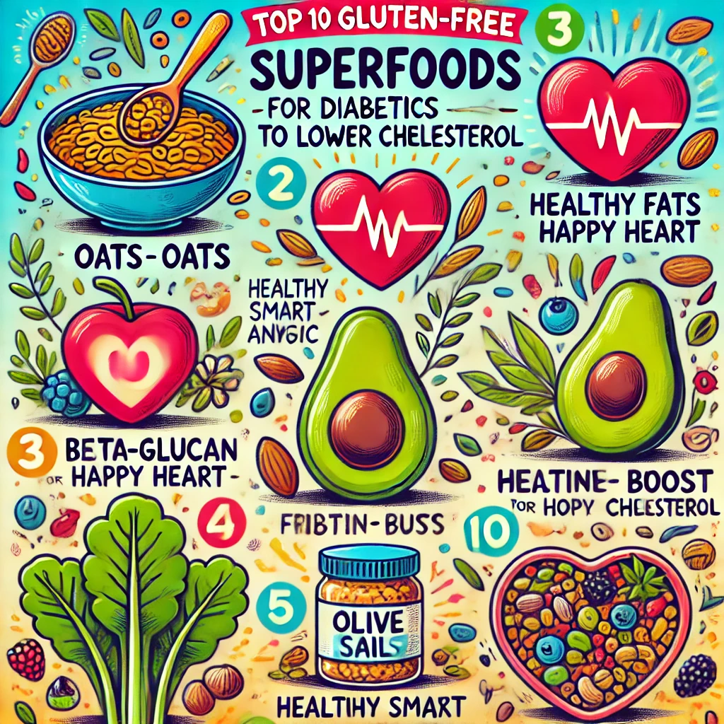 Jump to the top 10 gluten-free foods section for diabetics Infographic showing top 10 gluten-free cholesterol lowering foods for diabetics including oats, avocado, chia seeds, flaxseeds, nuts, quinoa, leafy greens, beans, berries, and olive oil with mini health tips.