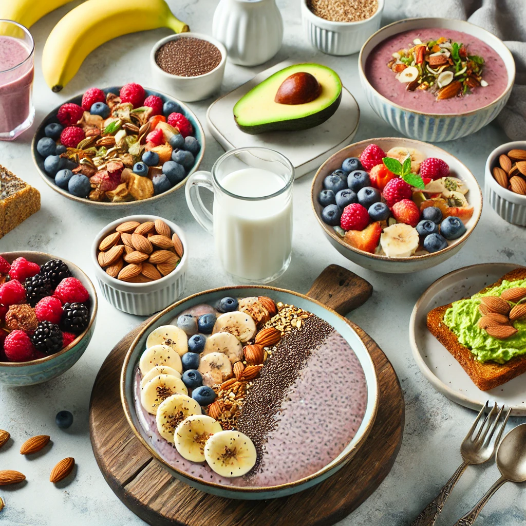 A healthy gluten-free high-fiber breakfast featuring chia seed pudding, avocado toast on almond flour bread, and a smoothie bowl with flaxseeds and fresh fruits.