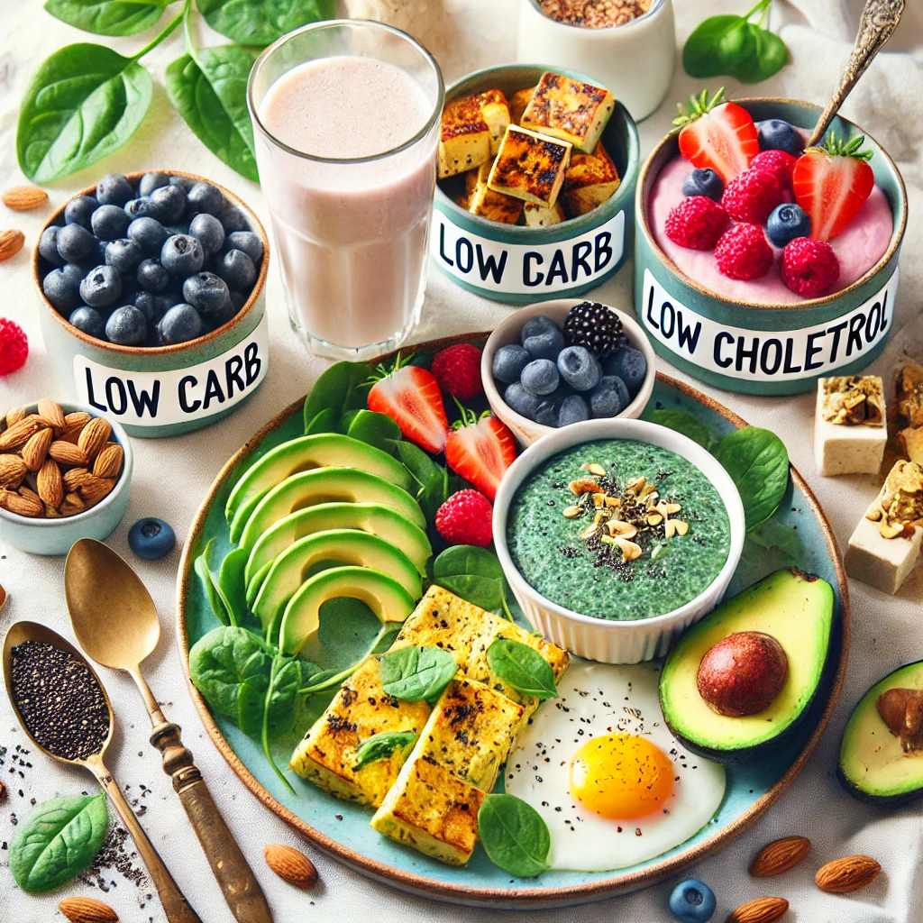 Healthy low carb low cholesterol breakfast ideas with scrambled egg whites, spinach, avocado, chia seed pudding, tofu, and almond milk smoothie.