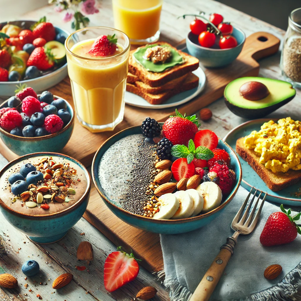 A colorful gluten-free breakfast spread with chia seed pudding, scrambled eggs, avocado, smoothie bowl, and gluten-free toast with almond butter.