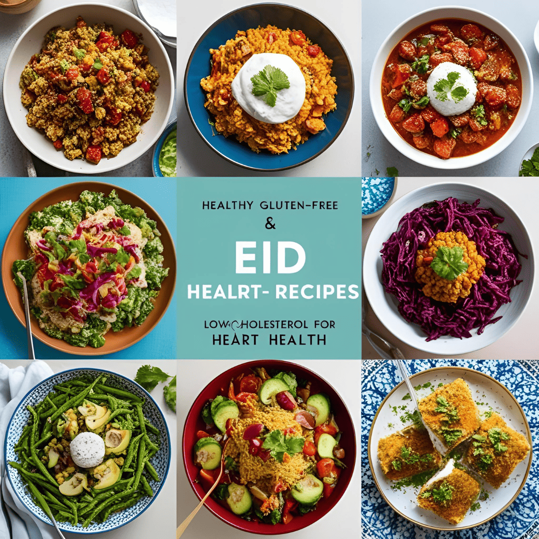 A delicious spread of healthy gluten-free and low-cholesterol Eid recipes, including heart-friendly biryani, grilled kebabs, and sugar-free desserts.