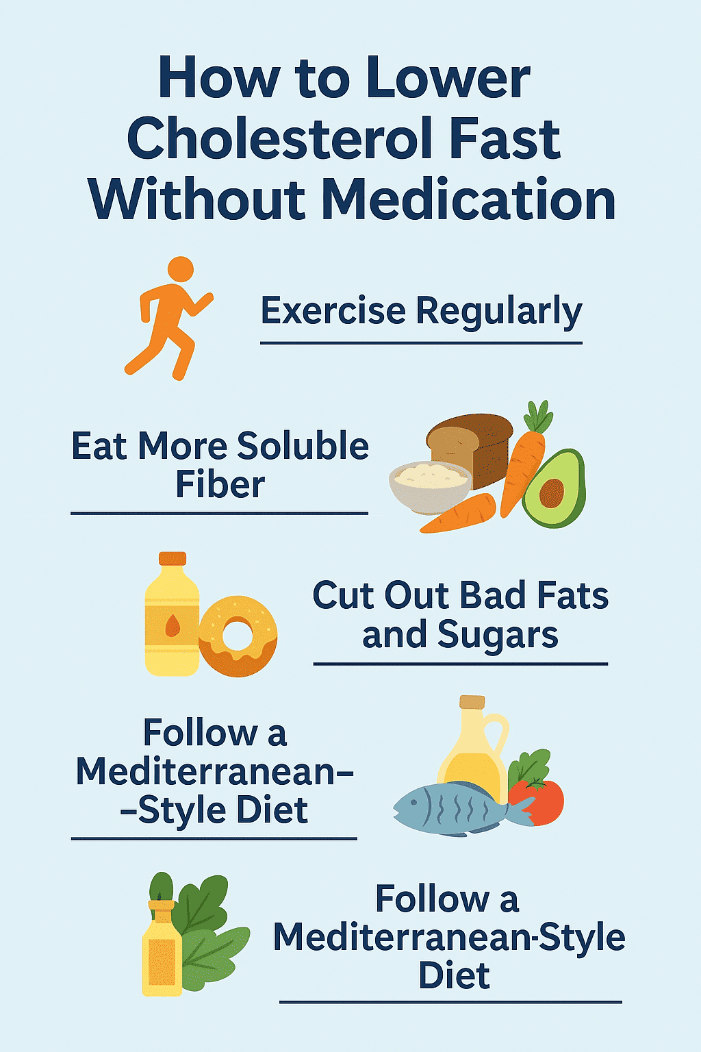 Infographic showing 9 natural ways to lower cholesterol fast without medication including diet, exercise, detox, and lifestyle changes