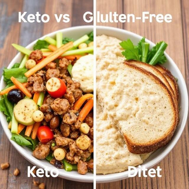Comparison of Keto vs Gluten-Free for heart health with foods like avocado, salmon, quinoa, and vegetables around a heart symbol