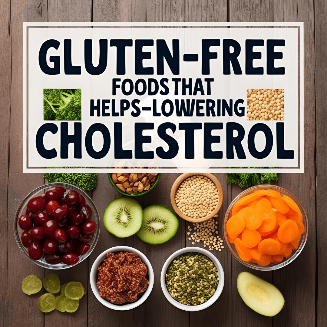 A colorful infographic showing the top 10 gluten-free foods that help lower triglycerides and LDL cholesterol, including oats, teff, quinoa, chia seeds, leafy greens, and Indian grains like bajra and jowar.