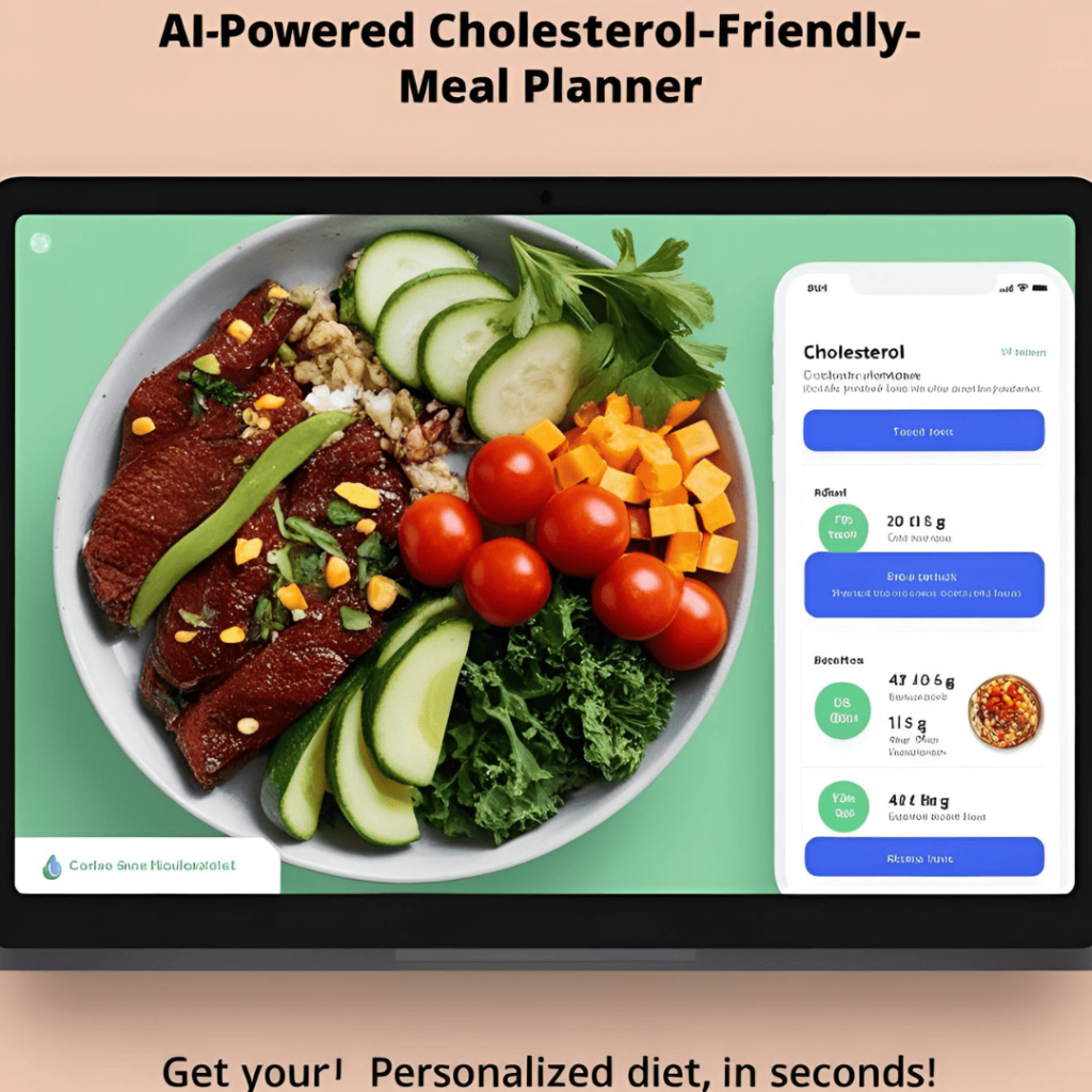 Cholesterol-Friendly Meal Planner 3 Illustration of AI-powered cholesterol meal planner generating heart-healthy diet plan based on user input like age and weight