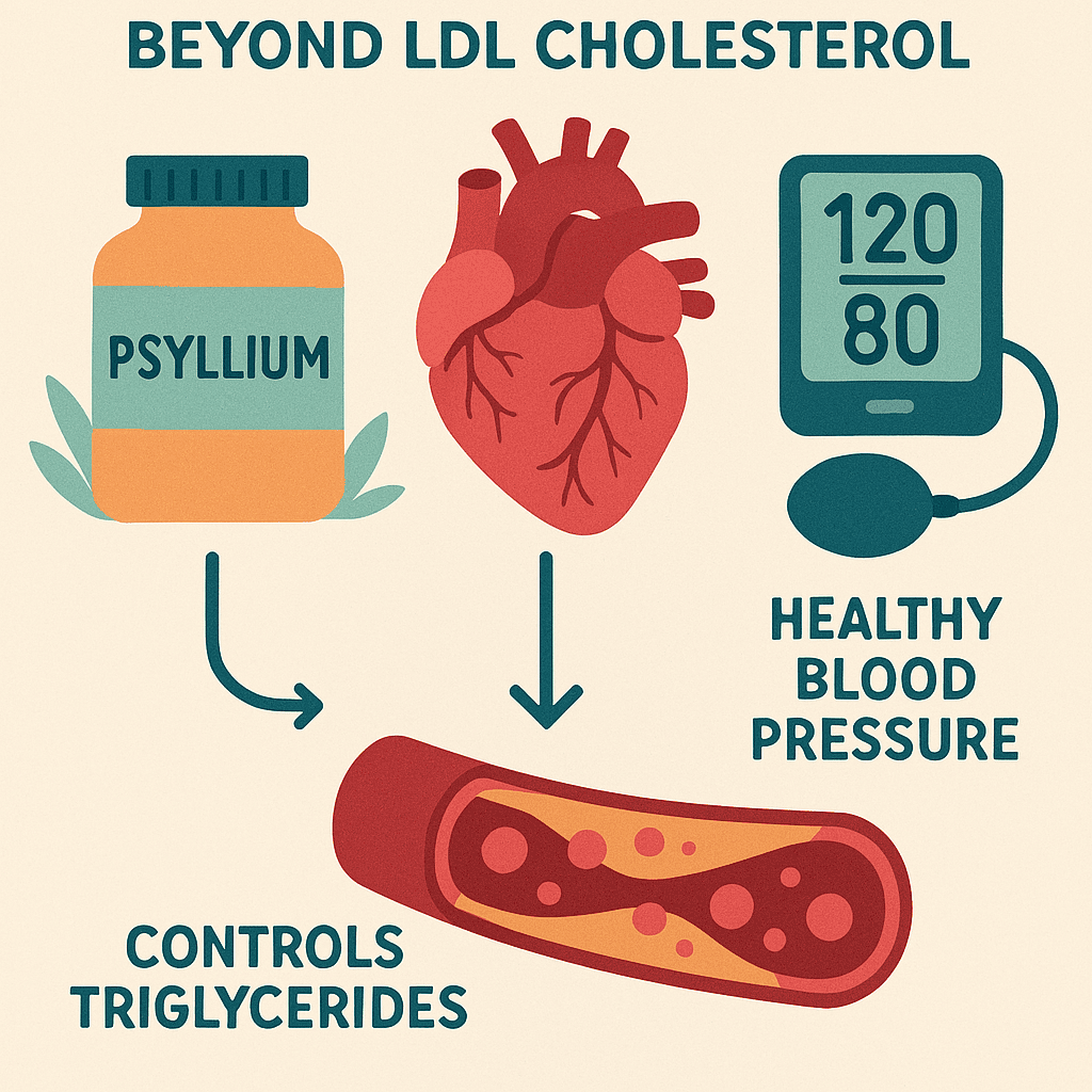 Infographic showing how psyllium fiber benefits heart health beyond LDL cholesterol by supporting healthy blood pressure and controlling triglycerides